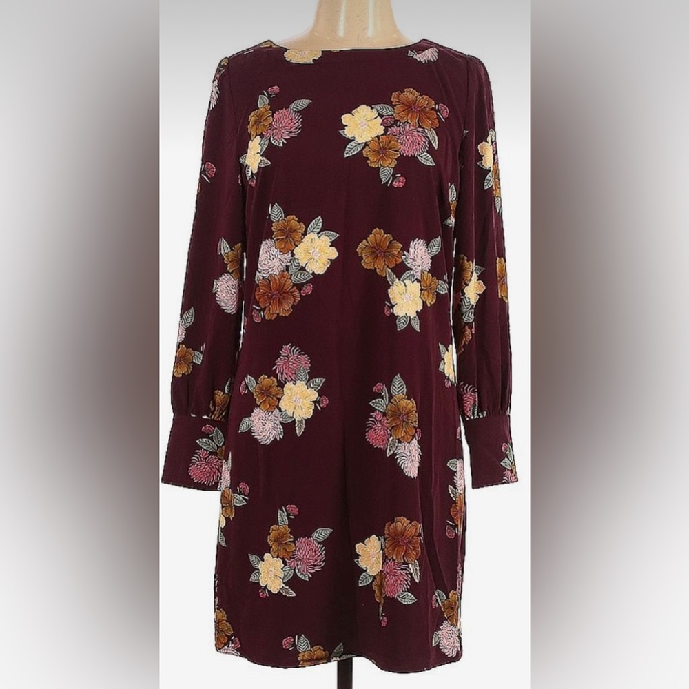 LOFT Long Sleeve Dress Burgundy Floral Blouson Shift Dress Size 12